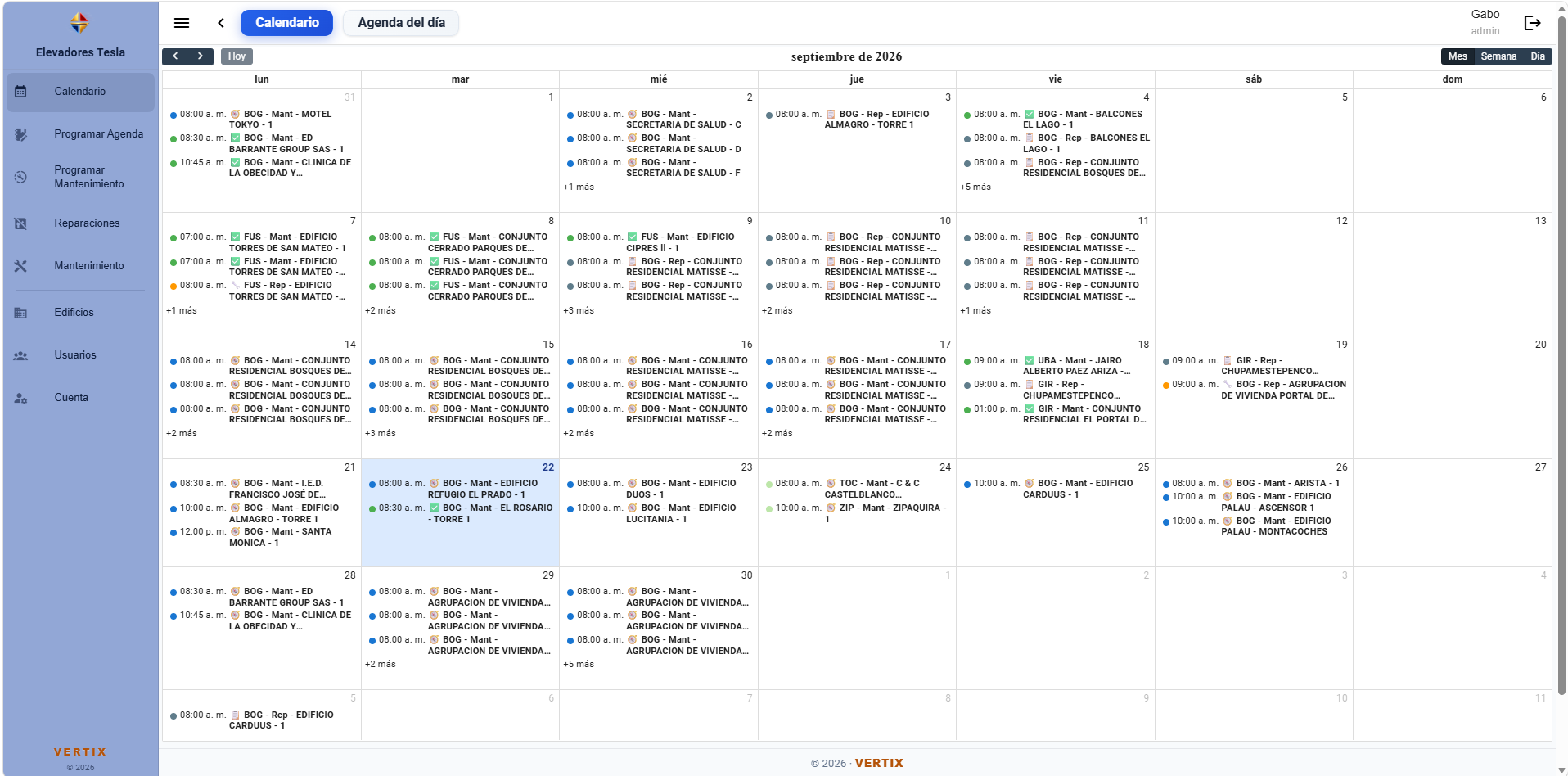 Calendario operativo de VERTIX